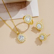Fashion Gold Stainless Steel Set With Oval Diamond Necklace Earrings And Ring