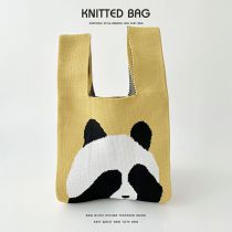 Fashion Blindfolded Bear Yellow Polyester Knitted Large Capacity Tote Bag