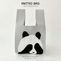Fashion Blindfolded Bear Gray Polyester Knitted Large Capacity Tote Bag