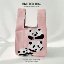 Fashion Pink Panda Polyester Knitted Large Capacity Tote Bag