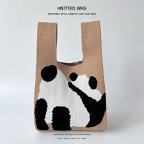 Fashion Light Caramel Background Panda Polyester Knitted Large Capacity Tote Bag