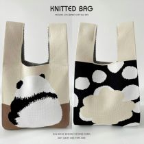 Fashion Reversible Colorblock Panda Khaki Polyester Knitted Large Capacity Tote Bag
