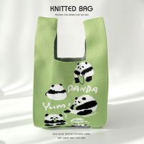 Fashion Green Red Panda Polyester Knitted Large Capacity Tote Bag