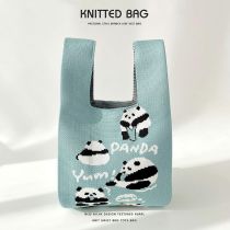 Fashion Cyan Red Panda Polyester Knitted Large Capacity Tote Bag