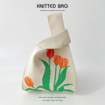 Fashion Tulips On White Background Polyester Knitted Large Capacity Tote Bag