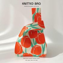 Fashion Orange Tulips Polyester Knitted Large Capacity Tote Bag