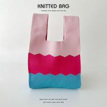 Fashion Color Block Pink And Blue Polyester Colorblock Knitted Tote Bag