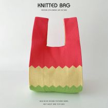 Fashion Color Matching Pink Yellow Green Polyester Colorblock Knitted Tote Bag