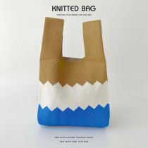 Fashion Color Block Khaki Blue Polyester Colorblock Knitted Tote Bag