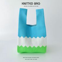 Fashion Color Block Blue And Green Polyester Colorblock Knitted Tote Bag