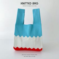 Fashion Color Block Cyan Polyester Colorblock Knitted Tote Bag