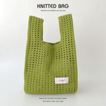 Fashion Green Solid Color Knitted Hollow Shoulder Bag