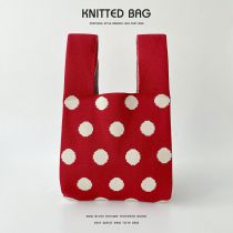 Fashion Red And White Dots Polyester Printed Knitted Tote Bag