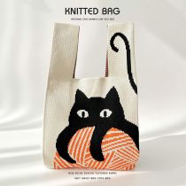 Fashion Kitten On White Background Polyester Knitted Printed Tote Bag