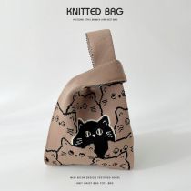 Fashion Khaki Cat Polyester Knitted Printed Tote Bag