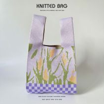 Fashion Checkerboard Flowers Purple Polyester Knitted Printed Tote Bag