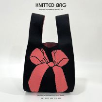 Fashion Black And Pink Bow Polyester Knitted Printed Tote Bag