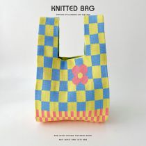 Fashion Yellow And Blue Checkerboard Flowers Polyester Knitted Printed Tote Bag