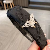 Fashion Black Pearl Braided Butterfly Embroidered Wide-brimmed Headband