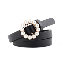 Fashion Black Faux Leather Wide Belt With Pearl Round Buckle
