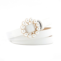 Fashion White Faux Leather Wide Belt With Pearl Round Buckle