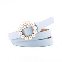 Fashion Sky Blue Faux Leather Wide Belt With Pearl Round Buckle