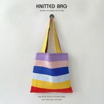 Fashion Rainbow Striped Bag Purple And Yellow Polyester Knitted Printed Tote Bag