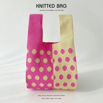 Fashion Contrast Color Polka Dot Rose Pink Yellow Polyester Knitted Printed Tote Bag