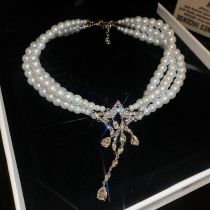 Fashion Necklace - Silver Pearl Beaded Diamond Pentagram Necklace