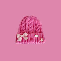 Fashion Small Smiling Face Twist Pink Head Circumference 49-54cm Acrylic Knitted Bow Beanie
