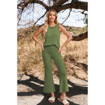 Fashion Green Polyester Knitted Crew Neck Vest And Trousers Suit