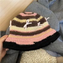 Fashion Black Border Crochet Three-dimensional Bow Striped Knitted Bucket Hat