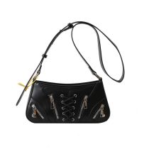 Fashion Black Pu Strapped Multi-zipper Large Capacity Crossbody Bag
