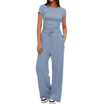 Fashion Blue Polyester Round Neck Short Sleeve Wide Leg Lace Up Trousers Suit