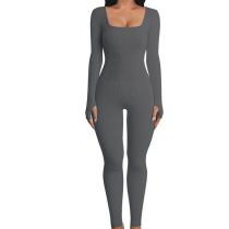 Fashion Dark Gray-long Sleeve Polyester Ribbed Square Neck Jumpsuit
