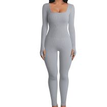 Fashion Light Gray-long Sleeve Polyester Ribbed Square Neck Jumpsuit
