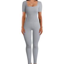 Fashion Light Gray-short Sleeves Polyester Ribbed Square Neck Jumpsuit