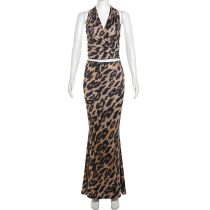 Fashion Brown Polyester Leopard Print Halterneck Long Skirt Two-piece Set