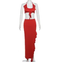 Fashion Red Polyester Halter Neck Ruffle Suspender Irregular Skirt Set
