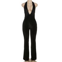 Fashion Black Sleeveless Halterneck V-neck Jumpsuit