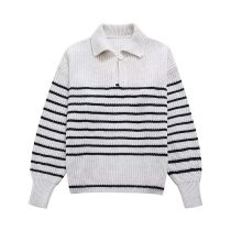 Fashion Stripe Polyester Striped Knitted Lapel Sweater
