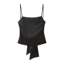 Fashion Black Silk Satin Halter Top With Bow At Back