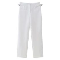 Fashion White Polyester Side Buckle Straight Trousers