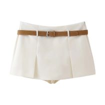 Fashion White Polyester Belted Micro-pleated Culottes