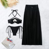 Fashion Black Three Piece Suit Polyester Halterneck Lace-up Tankini Swimsuit Three-piece Bikini Cover-up
