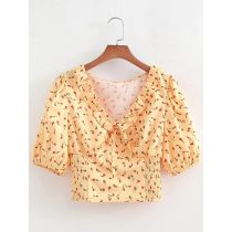 Fashion Yellow Polyester Printed V-neck Top