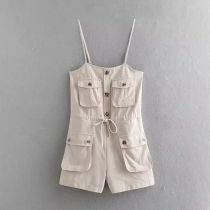 Fashion Khaki Cotton Lace-up Multi-pocket Jumpsuit