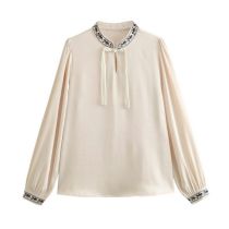 Fashion Beige Jacquard Embroidered Disc Button Long Sleeve Shirt