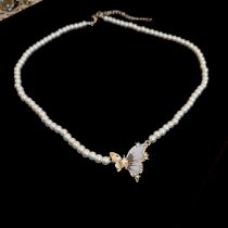 Fashion Necklace-pearl-butterfly (titanium Steel) Metal Diamond Butterfly Pearl Bead Necklace