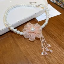 Fashion Necklace-pink Pearl Beaded Mesh Flower Necklace